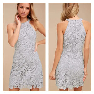 Lulu's Women's M Love Poem Light Grey Floral Lace Crochet Halter Mini Dress